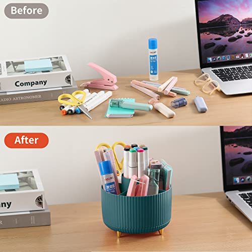 Desk Pencil Pen Holder, 5 Slots 360°Degree Rotating Pencil Pen Organizers for Desk, Desktop Storage Stationery Supplies Organizer, Cute Pencil Cup Pot for Office, School, Home, Art Supply, Dark Green