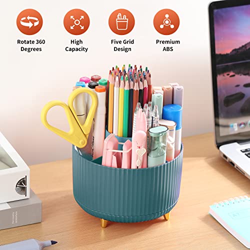 Desk Pencil Pen Holder, 5 Slots 360°Degree Rotating Pencil Pen Organizers for Desk, Desktop Storage Stationery Supplies Organizer, Cute Pencil Cup Pot for Office, School, Home, Art Supply, Dark Green