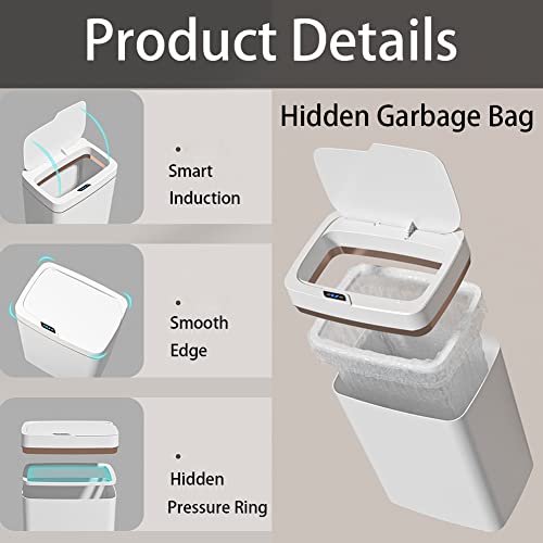 Automatic Trash Can with Lid, 3.5 Gallon Touchless Garbage Can, Slim Plastic Trash Bin Waterproof Motion Sensor Wastebasket for Living Room, Bedroom, Office, Kitchen, White (No Battery)