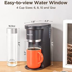 Famiworths Mini Coffee Maker Single Serve, Instant Coffee Maker One Cup for K Cup & Ground Coffee, 6 to 12 Oz Brew Sizes, Capsule Coffee Machine with Water Window and Descaling Reminder, Black