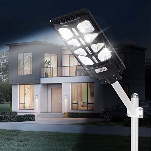 Aihanfir 600W Led Solar Street Light Outdoor Waterproof, with Motion Sensor and Remote Control for Parking Lot Lights Commercial, Yard, Road-15W Solar Charging Panel, 6500K Double-Chip LED.