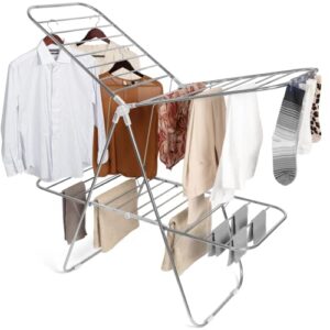 luxe laundry premium clothes drying rack, foldable 2-layer stainless steel drying rack, free standing with height adjustable wings, stainless steel, sock clips, towel rack, clothes, white