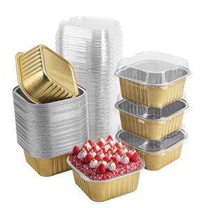 50 pcs mini square baking cups with lids,5oz aluminum foil mini cake pans with lids,disposable ramekins cake pans,150ml dessert cups cupcake pans for wedding birthday party,gold