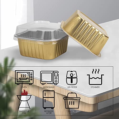 50 Pcs Mini Square Baking Cups with Lids,5oz Aluminum Foil Mini Cake Pans with Lids,Disposable Ramekins Cake Pans,150ml Dessert Cups Cupcake Pans for Wedding Birthday Party,Gold