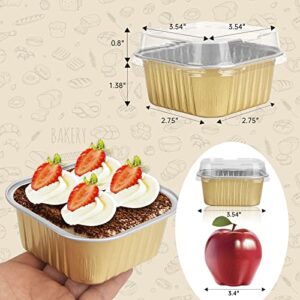 50 Pcs Mini Square Baking Cups with Lids,5oz Aluminum Foil Mini Cake Pans with Lids,Disposable Ramekins Cake Pans,150ml Dessert Cups Cupcake Pans for Wedding Birthday Party,Gold