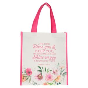 christian art gifts reusable shopping tote bag for women: may the lord bless you and keep you - numbers 6:24 inspirational scripture for supplies, groceries, books, pink & cream multicolor floral