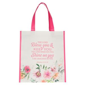 Christian Art Gifts Reusable Shopping Tote Bag for Women: May the Lord Bless You and Keep You - Numbers 6:24 Inspirational Scripture for Supplies, Groceries, Books, Pink & Cream Multicolor Floral