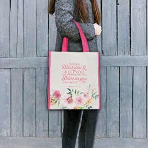 Christian Art Gifts Reusable Shopping Tote Bag for Women: May the Lord Bless You and Keep You - Numbers 6:24 Inspirational Scripture for Supplies, Groceries, Books, Pink & Cream Multicolor Floral