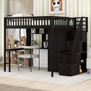 merax full size loft beds stairway loft bed frame with wardrobe, desk, bookcase and drawers, espresso