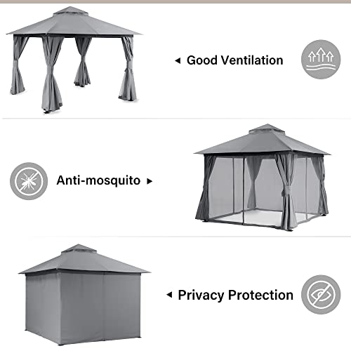 LAUSAINT HOME Outdoor Patio Gazebo 10'x10' with Expansion Bolts, Heavy Duty Party Tent & Shelter with Double Roofs, Mosquito Nettings and Privacy Screens for Backyard, Patio, Garden, Lawn, Smoke Grey