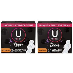 u by kotex teen ultra thin feminine pads with wings, overnight, unscented, 24 count (pack of 2)