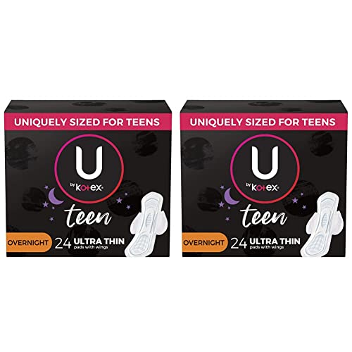 U by Kotex Teen Ultra Thin Feminine Pads with Wings, Overnight, Unscented, 24 Count (Pack of 2)