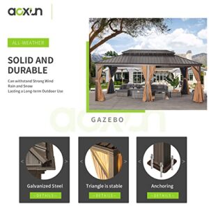 Aoxun 12FT×20FT Hardtop Aluminum Gazebo, Outdoor Metal Frame Canopy Gazebo with a Mosquito Net and Privacy Sidewalls, All-Weather Gazebo Canopy for Patio, Garden, Backyard, Brown