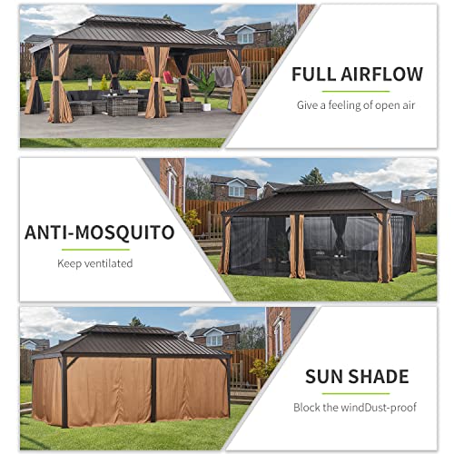 Aoxun 12FT×20FT Hardtop Aluminum Gazebo, Outdoor Metal Frame Canopy Gazebo with a Mosquito Net and Privacy Sidewalls, All-Weather Gazebo Canopy for Patio, Garden, Backyard, Brown