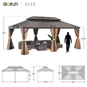 Aoxun 12FT×20FT Hardtop Aluminum Gazebo, Outdoor Metal Frame Canopy Gazebo with a Mosquito Net and Privacy Sidewalls, All-Weather Gazebo Canopy for Patio, Garden, Backyard, Brown