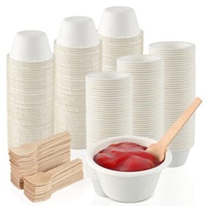 100 set 2 oz portion cups paper souffle portion cups with wooden spoons disposable chili cook off sample cups for party supplies (100)