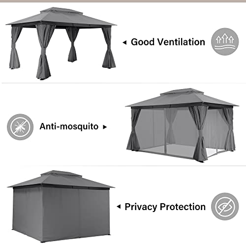 LAUSAINT HOME Outdoor Patio Gazebo 10'x13' with Expansion Bolts, Heavy Duty Party Tent & Shelter with Double Roofs, Mosquito Nettings and Privacy Screens for Backyard, Garden, Lawn, Smoke Grey