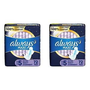 always maxi overnight pads with wings, size 5, extra heavy overnight, unscented, 72 count (pack of 2)