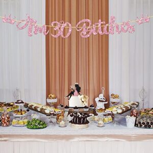 I'm 30 Bitches Banner Set, Sexy Girl Dirty 30 Cake Topper, Pink Glitter Happy 30th Birthday Cake Topper & Banner Party Decoration, 2Pcs