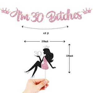 I'm 30 Bitches Banner Set, Sexy Girl Dirty 30 Cake Topper, Pink Glitter Happy 30th Birthday Cake Topper & Banner Party Decoration, 2Pcs