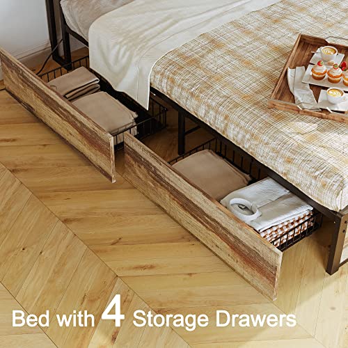 LIKIMIO King Bed Frame with Storage Drawer, 2-Tier Storage Headboard with Charging Station, No Box Spring Needed, Easy Assembly, Rustic Brown