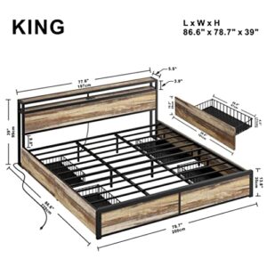 LIKIMIO King Bed Frame with Storage Drawer, 2-Tier Storage Headboard with Charging Station, No Box Spring Needed, Easy Assembly, Rustic Brown