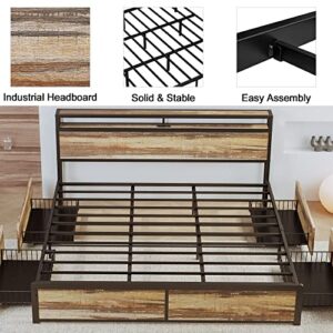 LIKIMIO King Bed Frame with Storage Drawer, 2-Tier Storage Headboard with Charging Station, No Box Spring Needed, Easy Assembly, Rustic Brown