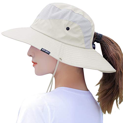 Womens Summer Sun Hat Wide Brim Outdoor UV UPF50 Protection Hats Foldable Packable Ponytail Bucket Cap for Safari Beach Fishing Gardening Beige