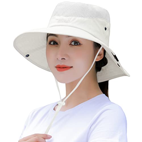 Womens Summer Sun Hat Wide Brim Outdoor UV UPF50 Protection Hats Foldable Packable Ponytail Bucket Cap for Safari Beach Fishing Gardening Beige