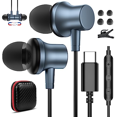 USB C Headphone Type C Earphone Magnetic Wired Earbuds for iPhone 15 Pro Max Samsung A53 A54 Galaxy S23 FE S22 S21 in-Ear Noise Canceling Headset with Microphone for iPad 10 Google Pixel 6a 7a 7 6 8 5