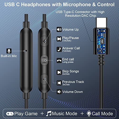 USB C Headphone Type C Earphone Magnetic Wired Earbuds for iPhone 15 Pro Max Samsung A53 A54 Galaxy S23 FE S22 S21 in-Ear Noise Canceling Headset with Microphone for iPad 10 Google Pixel 6a 7a 7 6 8 5