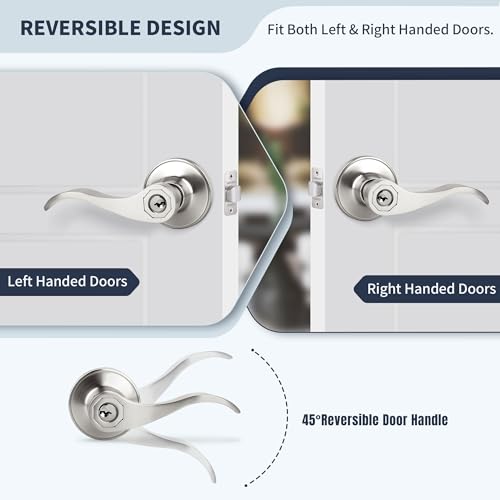 LOQRON Wave Style Door Lever Keyed Entry Door Handle with Lock, Entrance Lever Reversible for Left/Right Handed for Office or Front Door with Satin Nickel Finish, 1 Pack