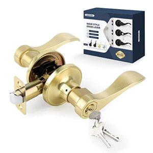 loqron wave style door lever keyed entry door handle with lock, entrance lever reversible for left/right handed for office or front door with satin brass finish, 1 pack