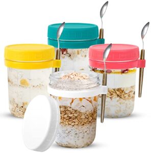 korlon 4 pack overnight oats containers with lids, 16oz glass food oatmeal container, wide mouth overnight oats jars with spoons for cereal yogurt fruit vegetable milk