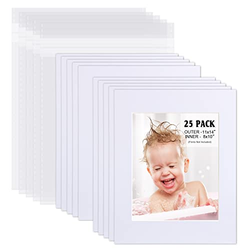 Egofine Pack of 25 White Pre-Cut 11x14 Picture Mat for 8x10 Photo with White Core Bevel Cut Mattes Sets. Includes 25 High Premier Acid Free Mats & 25 Backing Board & 25 Clear Bags