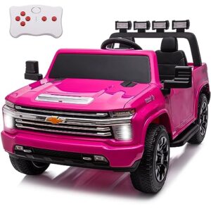 sopbost 24v 2-seater kids ride on truck with remote licensed chevrolet silverado - 4x4 high performance eva tires version (hot pink)