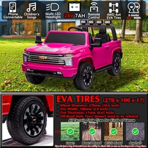 sopbost 24V 2-Seater Kids Ride On Truck with Remote Licensed Chevrolet Silverado - 4x4 High Performance EVA Tires Version (Hot Pink)