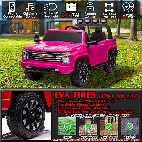 sopbost 24V 2-Seater Kids Ride On Truck with Remote Licensed Chevrolet Silverado - 4x4 High Performance EVA Tires Version (Hot Pink)