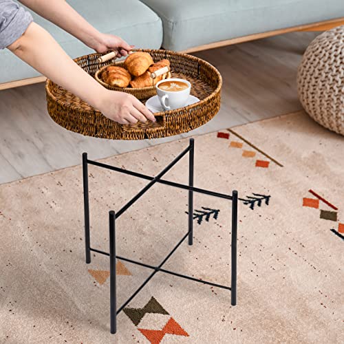 Woven Round End Table Rattan, 19in Small Side Table, Accent Table, Modern Bedside Table,Outdoor Side Tables for Patio,Brown Round End Table for Sofa Living Room Bedroom Office Balcony