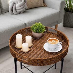 Woven Round End Table Rattan, 19in Small Side Table, Accent Table, Modern Bedside Table,Outdoor Side Tables for Patio,Brown Round End Table for Sofa Living Room Bedroom Office Balcony