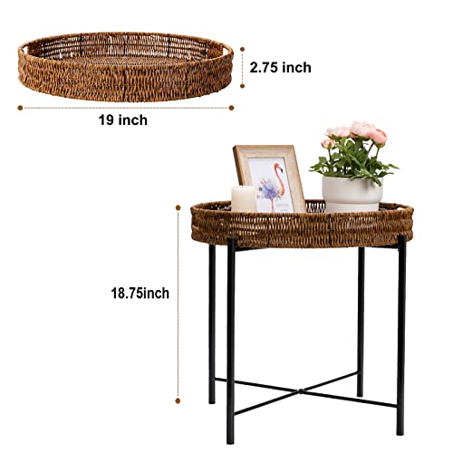 Woven Round End Table Rattan, 19in Small Side Table, Accent Table, Modern Bedside Table,Outdoor Side Tables for Patio,Brown Round End Table for Sofa Living Room Bedroom Office Balcony