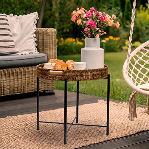 Woven Round End Table Rattan, 19in Small Side Table, Accent Table, Modern Bedside Table,Outdoor Side Tables for Patio,Brown Round End Table for Sofa Living Room Bedroom Office Balcony