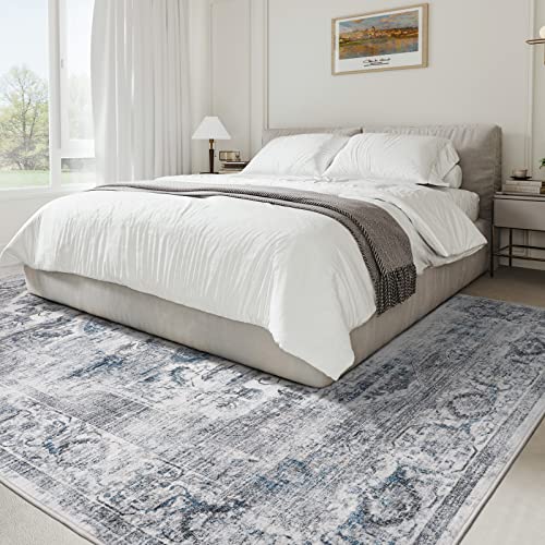 xilixili 5x7 Area Rugs with Non Slip Backing - Stain Resistant Washable Rugs for Living Room，Bedroom & Dining Room，Vintage Printed Home Decor Rug (Blue/Grey,5'x7')