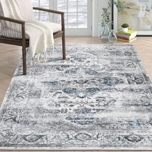xilixili 5x7 area rugs with non slip backing - stain resistant washable rugs for living room，bedroom & dining room，vintage printed home decor rug (blue/grey,5'x7')