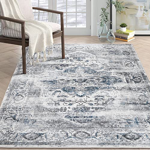 xilixili 5x7 Area Rugs with Non Slip Backing - Stain Resistant Washable Rugs for Living Room，Bedroom & Dining Room，Vintage Printed Home Decor Rug (Blue/Grey,5'x7')