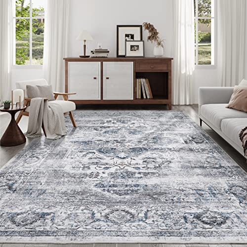 xilixili 5x7 Area Rugs with Non Slip Backing - Stain Resistant Washable Rugs for Living Room，Bedroom & Dining Room，Vintage Printed Home Decor Rug (Blue/Grey,5'x7')