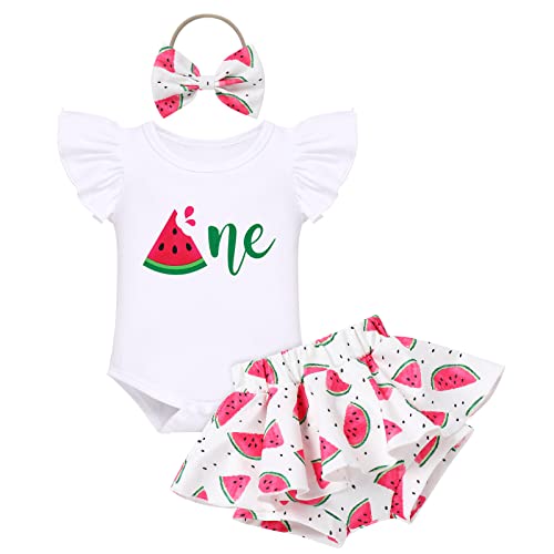 Baby Girls Watermelon 1st Birthday Outfit Romper Tutu Skirt with Diaper Cover Bloomers and Headband Infant First Birthday Cake Smash Coming Home Outfit for Photo Prop Watermelon One 6-12 Months