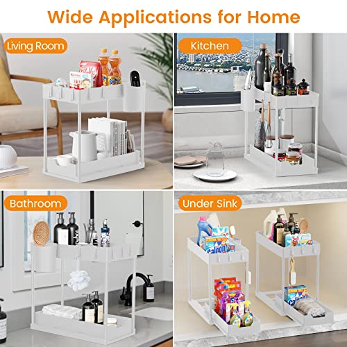 EWU Under Sink Organizers and Storage, 2 Tier Under Sink Organizer with Sliding Storage Drawer, Multi-purpose Storage Shelf for Kitchen Bathroom Bedroom with Hanging Cup and 5 Hooks, White