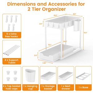 EWU Under Sink Organizers and Storage, 2 Tier Under Sink Organizer with Sliding Storage Drawer, Multi-purpose Storage Shelf for Kitchen Bathroom Bedroom with Hanging Cup and 5 Hooks, White