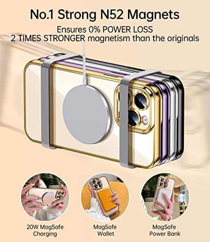 JUESHITUO Magnetic Clear for iPhone 14 Pro Max Case with Full Camera Protection [Never Yellow] [No.1 Strong N52 Magnets] [Military Grade Drop Protection] for Women Girls Phone TPU Case (6.7")-Golden